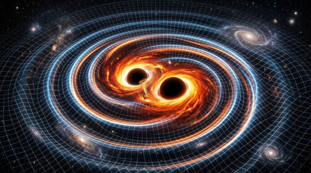 Conceptual illustration of two black holes and curved spacetime